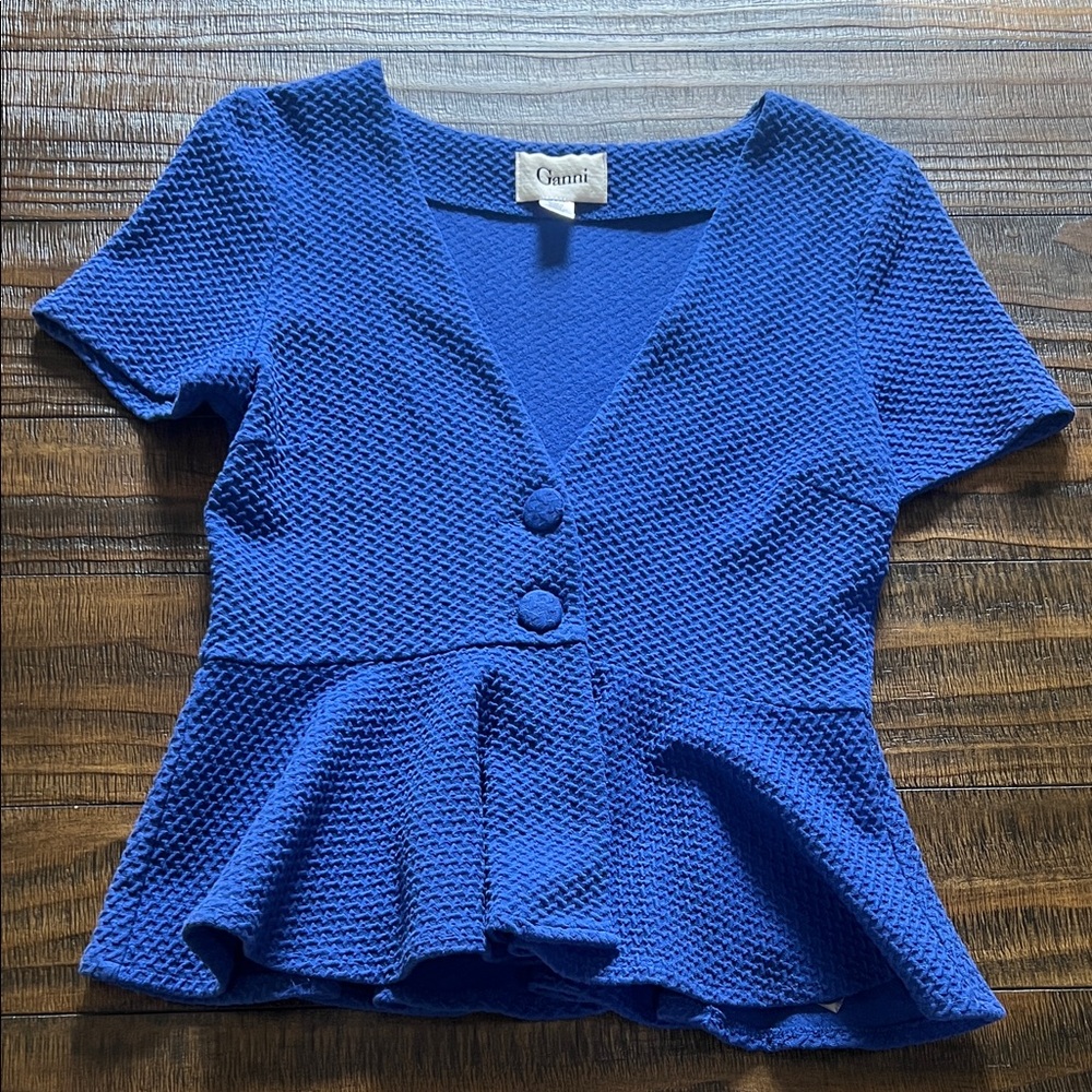 Ganni Royal Blue Textured Peplum Button Front Top